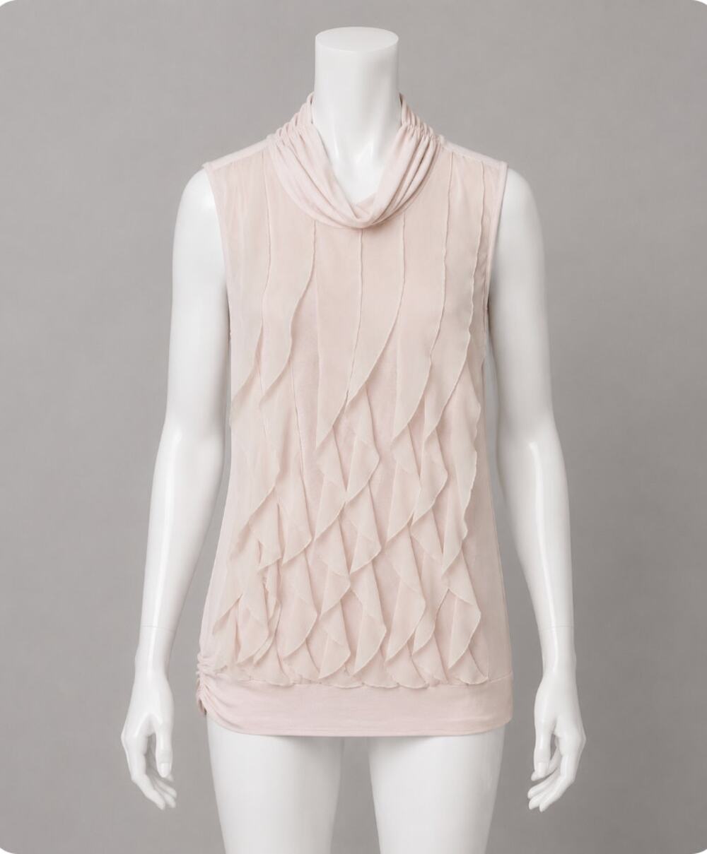 Kenar Blush Light Pink Sleeveless Victorian Ruffle Front Mock Neck Blouse Small